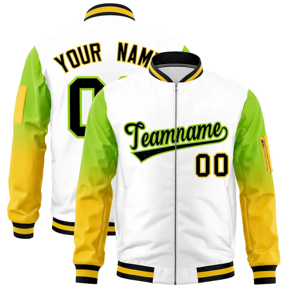 Custom White Neon Green-Gold Gaglan Sleeve Gradient Varsity Full-Zip Letterman Bomber Jacket