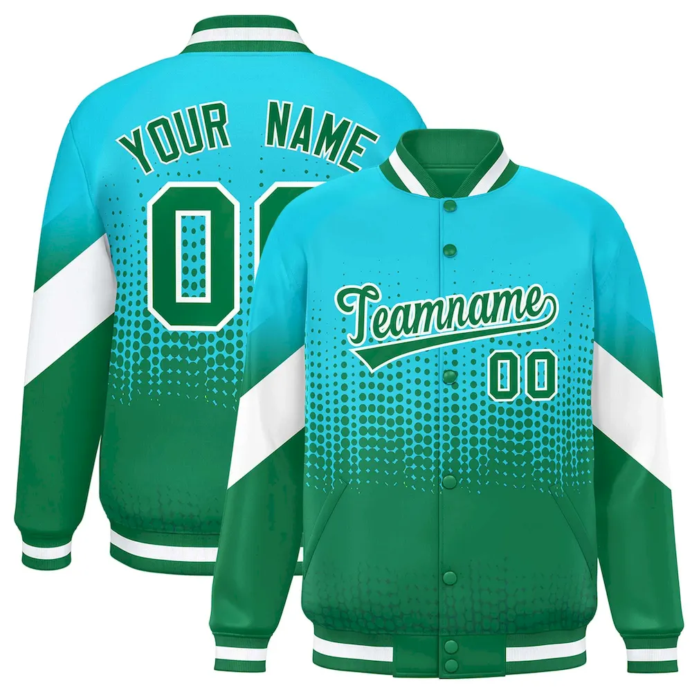 Custom Sky Blue Kelly Green Gradient Varsity Full-Snap Polka Dot Pattern Letterman Baseball Jacket
