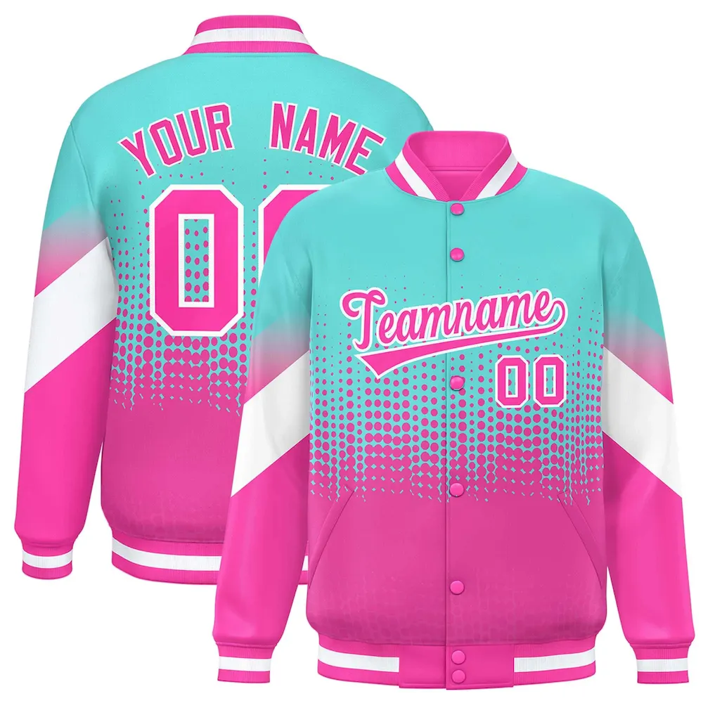 Custom Powder Blue Pink Gradient Varsity Full-Snap Polka Dot Pattern Letterman Baseball Jacket