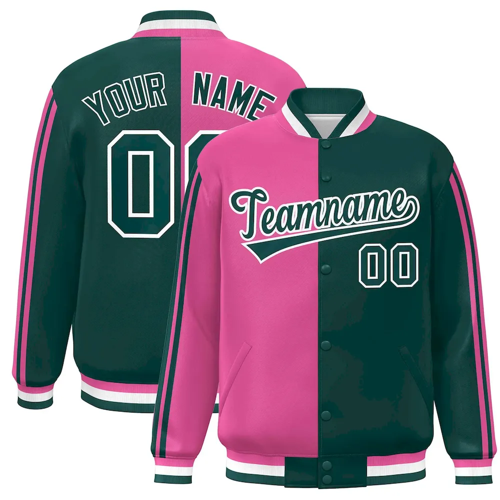 Custom Midnight Green Pink-White Two Tone Color Block Bomber Varsity Baseball Jacket