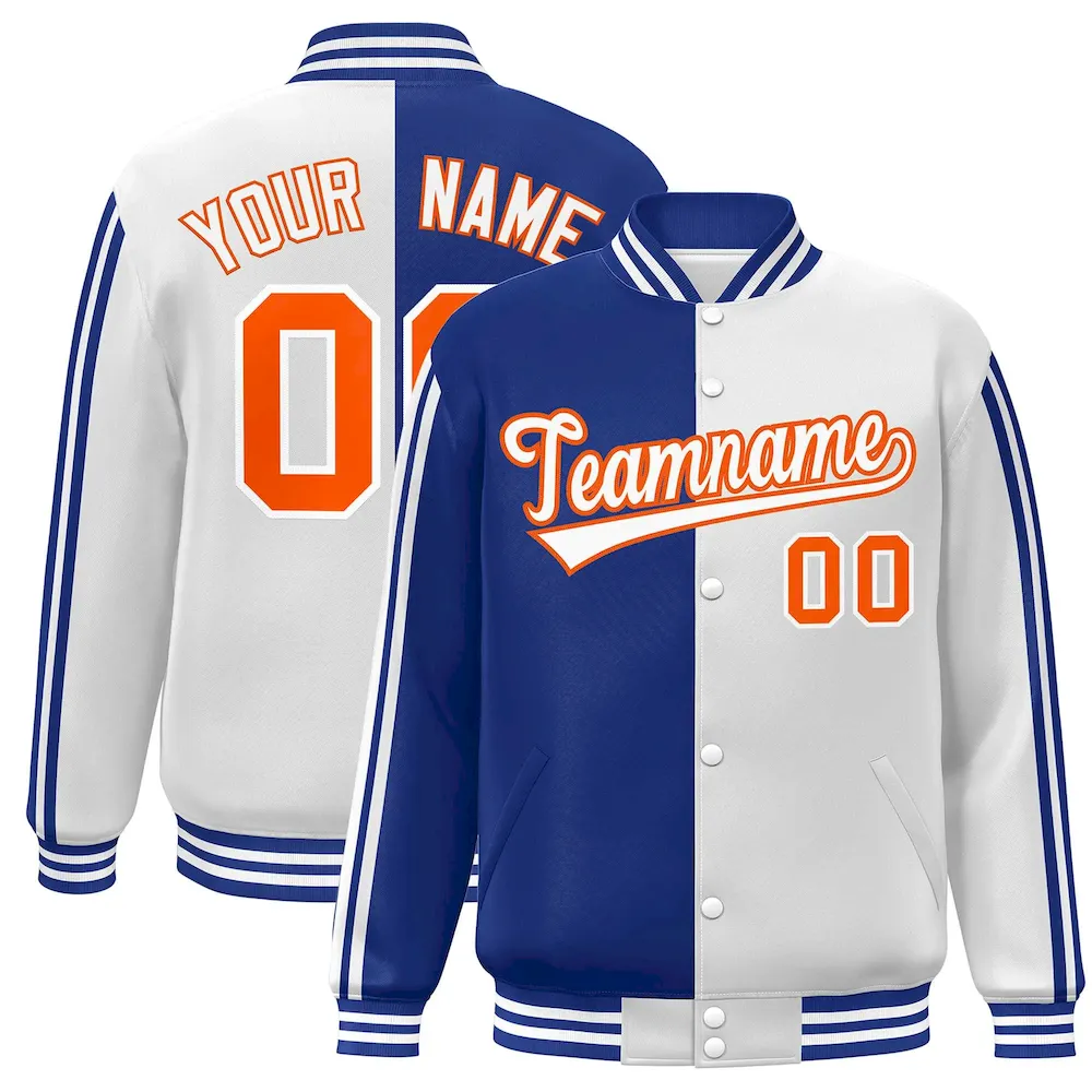 Custom White Royal-Orange Two Tone Color Block Bomber Varsity Baseball Jacket