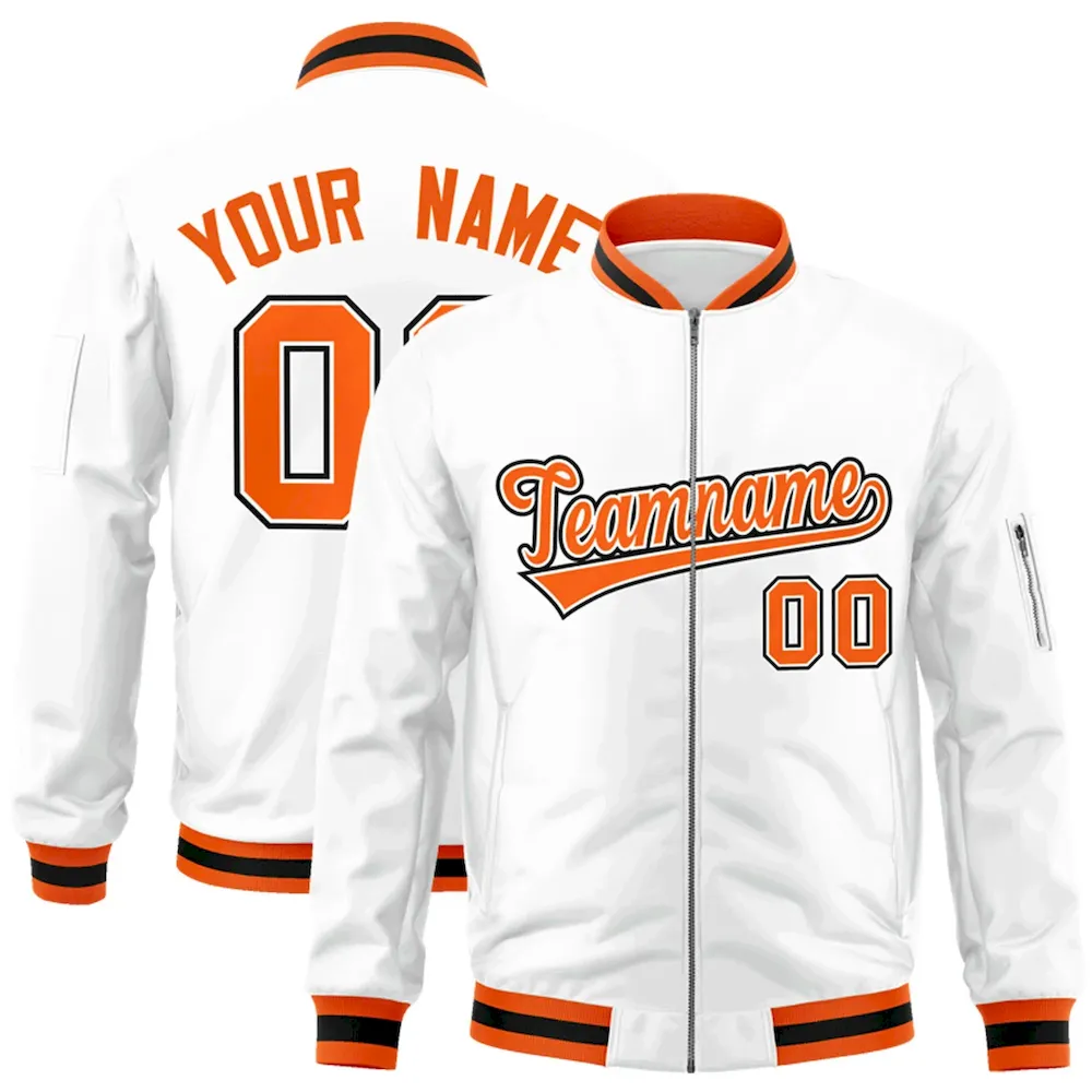 Custom White Orange-Black Varsity Full-Zip Letterman Bomber Jacket