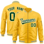 Custom Gold Green-White Varsity Full-Zip Letterman Bomber Jacket