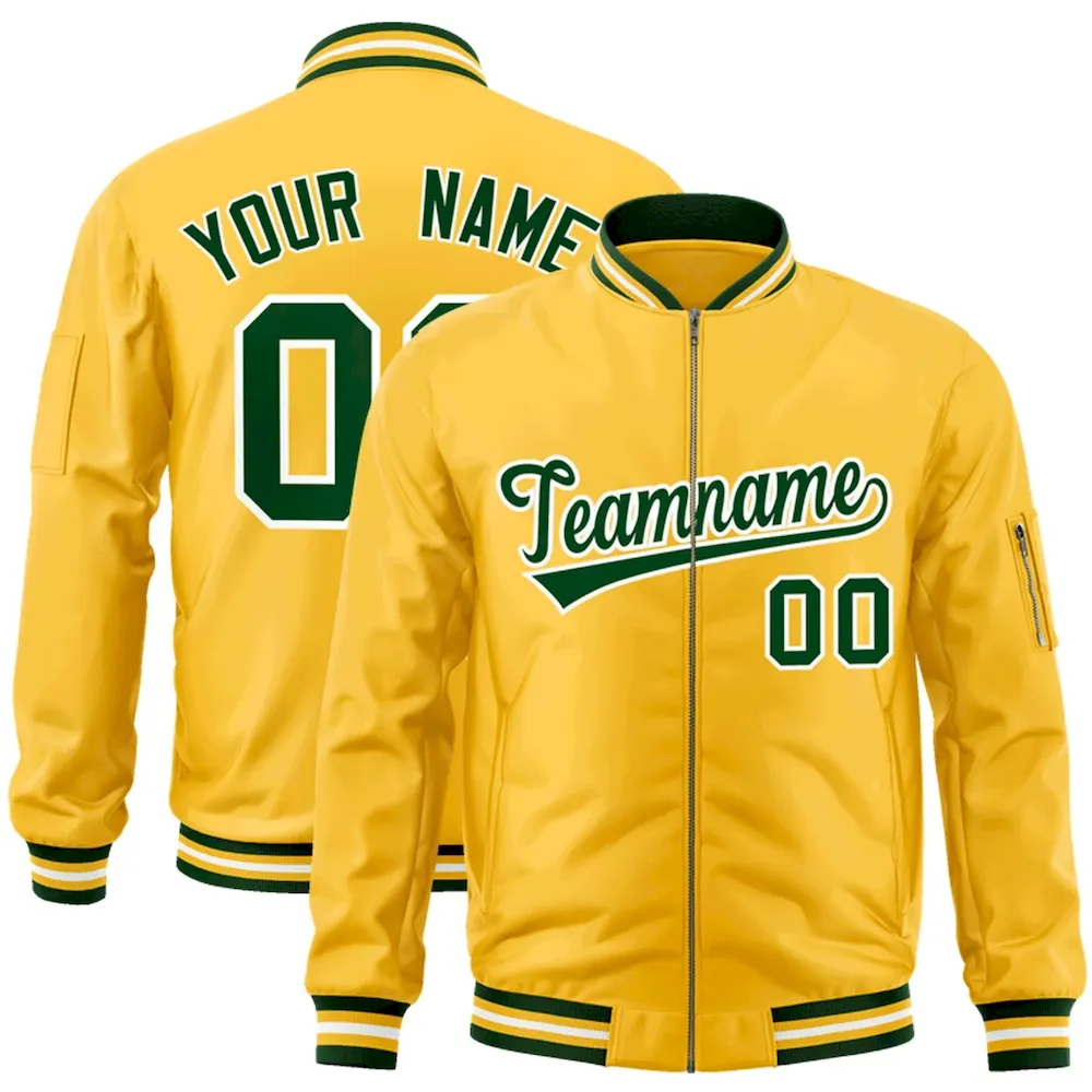Custom Green White-Black Varsity Full-Zip Letterman Bomber Jacket