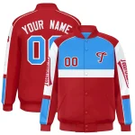 Custom Powder Blue Red Varsity Full-Snap Raglan Sleeves Letterman Jacket