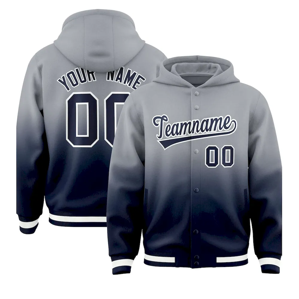 Custom Gray Navy Varsity Full-Snap Letterman Gradient Jacket Hoodie