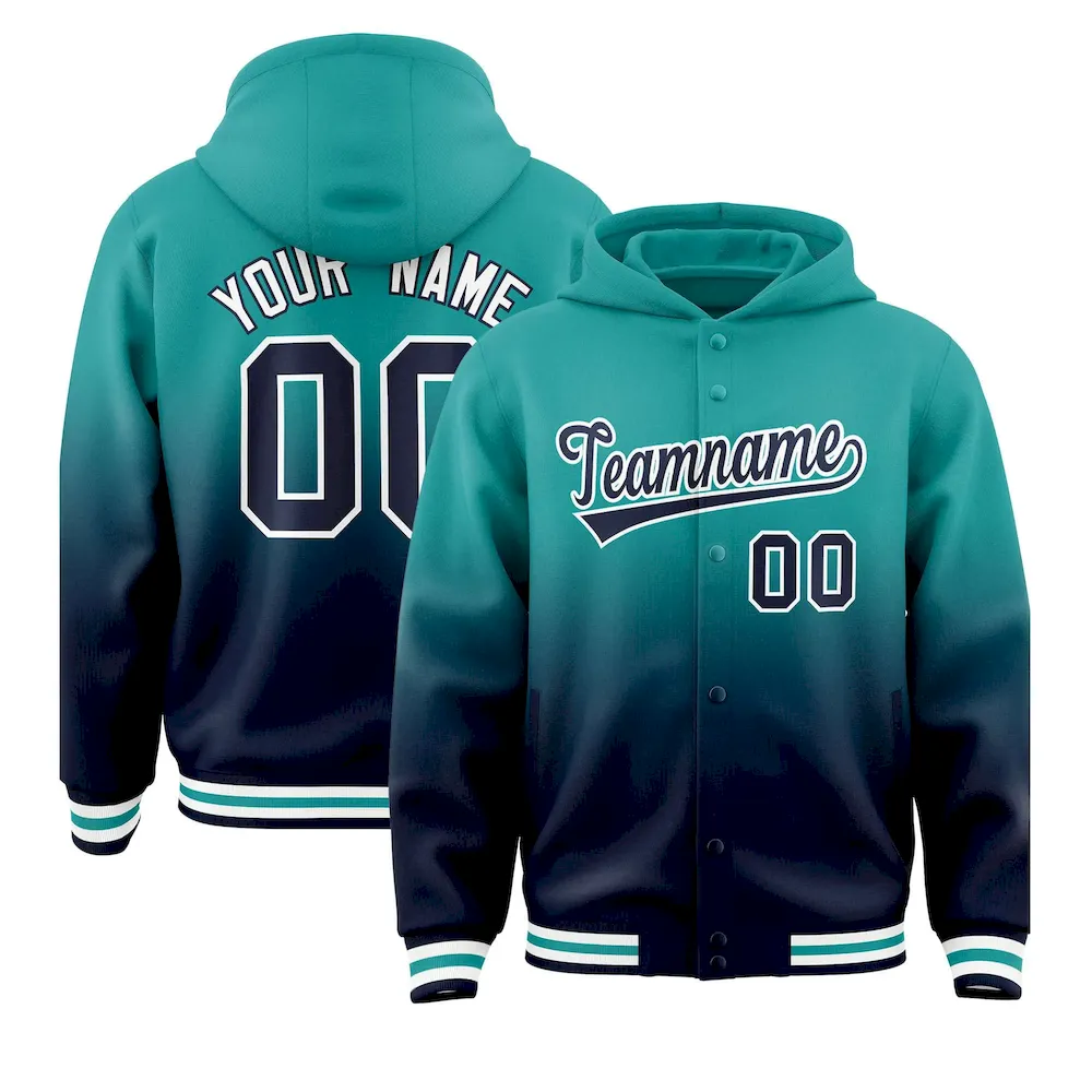 Custom Aqua Navy Varsity Full-Snap Letterman Gradient Jacket Hoodie