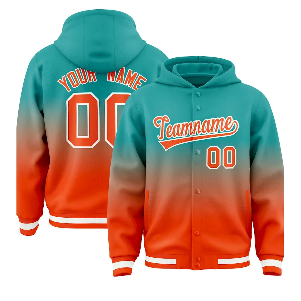 Custom Aqua Orange Varsity Full-Snap Letterman Gradient Jacket Hoodie