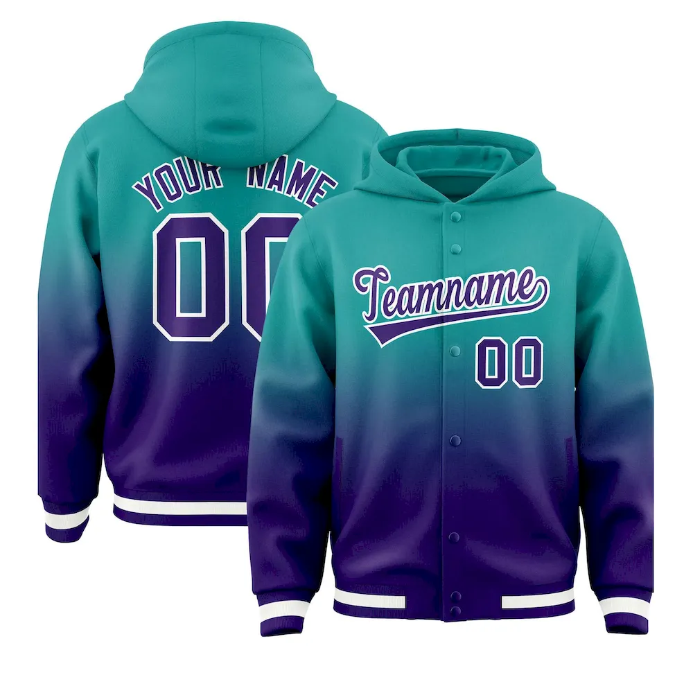 Custom Aqua Purple Varsity Full-Snap Letterman Gradient Jacket Hoodie