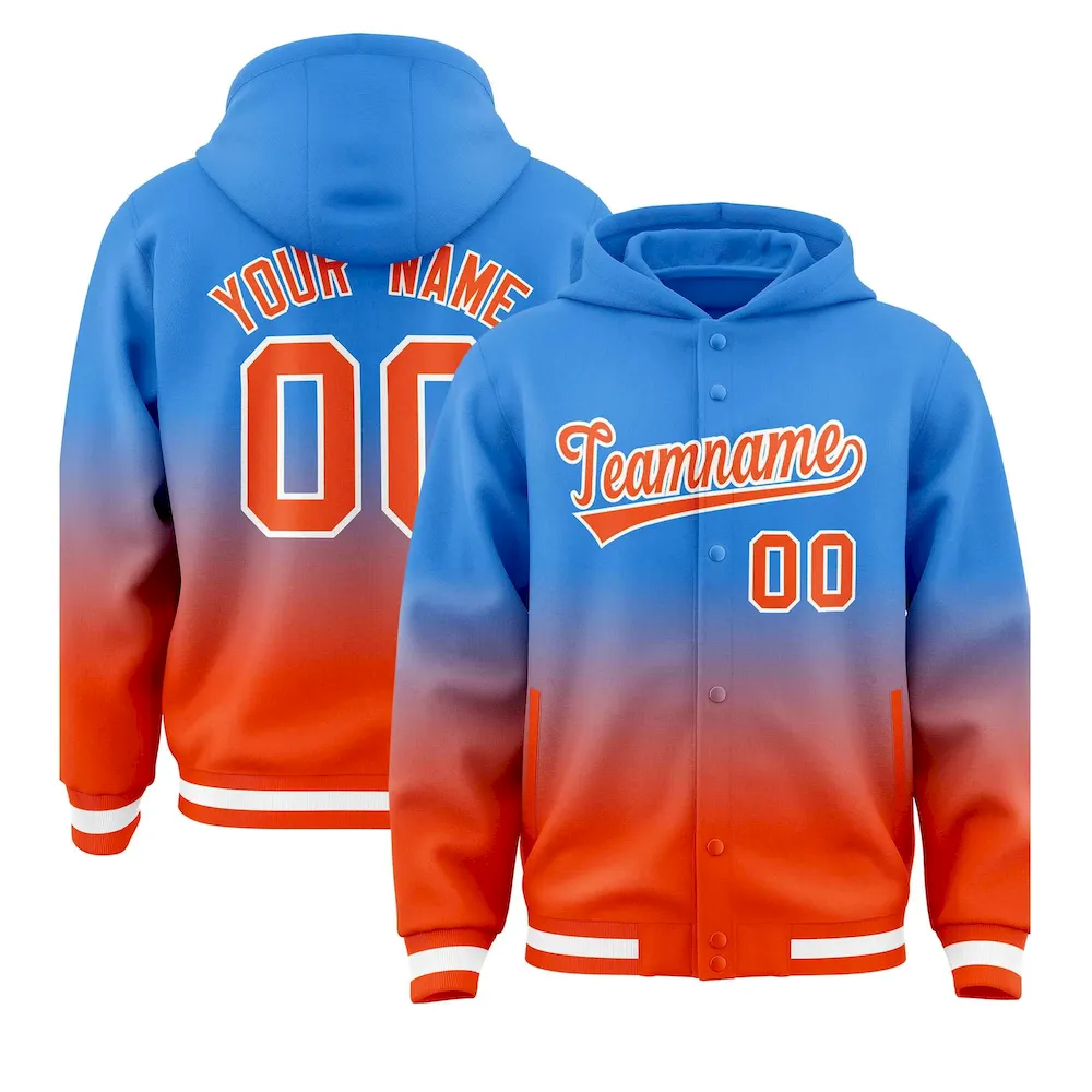 Custom Blue Orange Varsity Full-Snap Letterman Gradient Jacket Hoodie