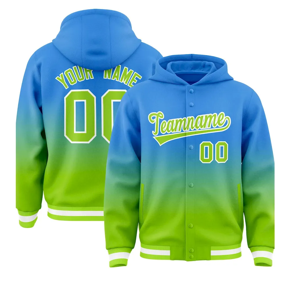 Custom Blue Neon Green Varsity Full-Snap Letterman Gradient Jacket Hoodie
