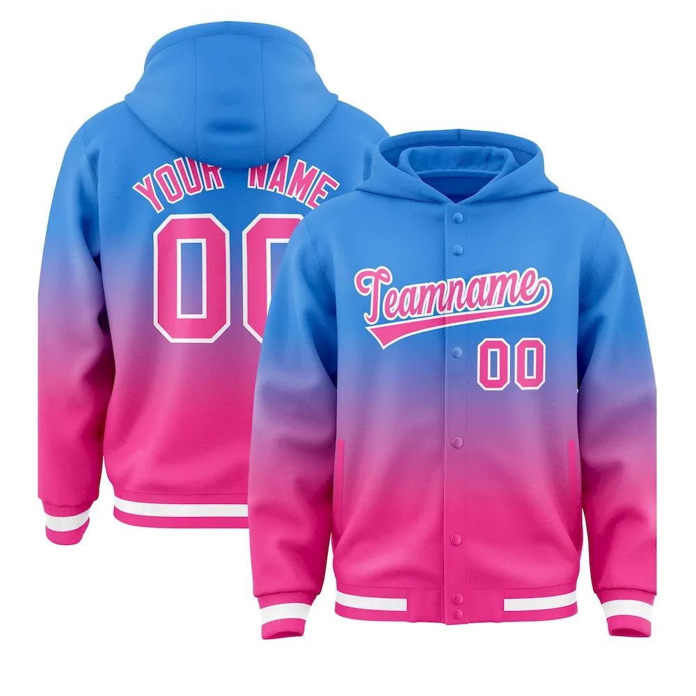 Custom Blue Pink Varsity Full-Snap Letterman Gradient Jacket Hoodie