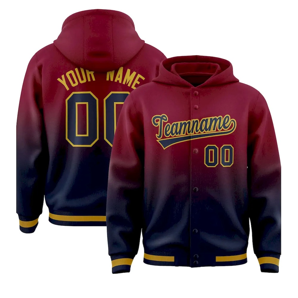 Custom Crimson Navy Varsity Full-Snap Letterman Gradient Jacket Hoodie