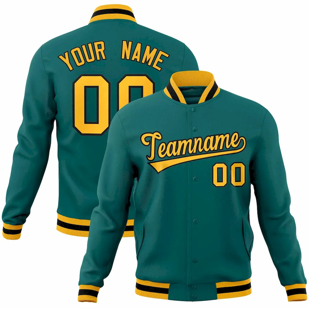 Custom Aqua Gold-Black Classic Style Varsity Full-Snap Letterman Jacket