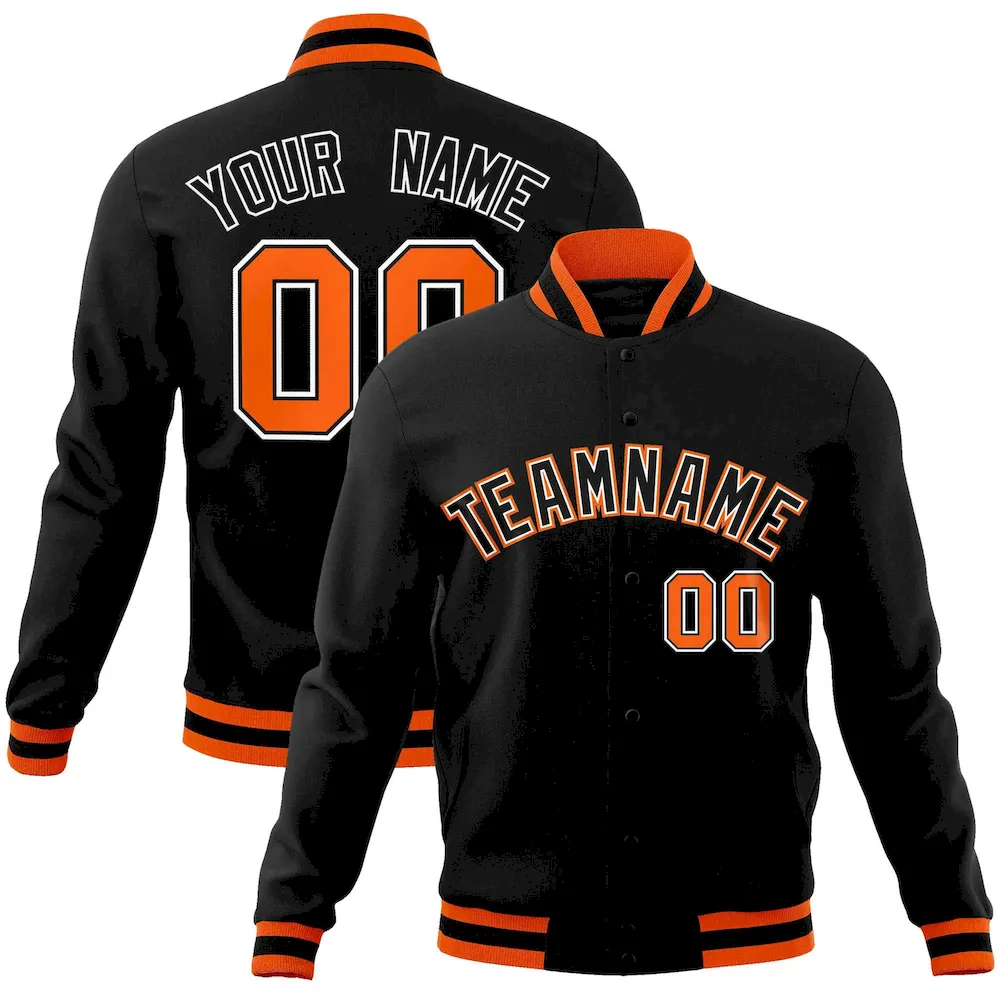 Custom Black Black-Orange Classic Style Varsity Full-Snap Letterman Jacket
