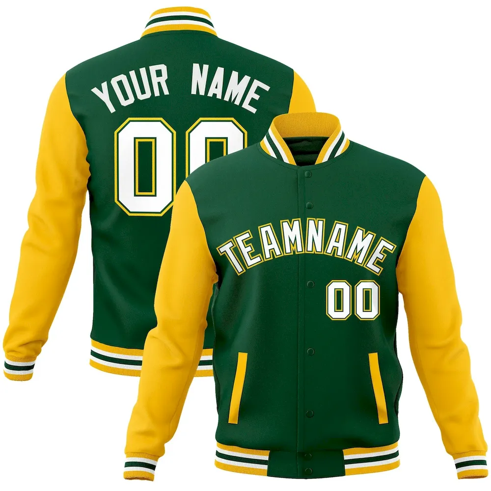 Custom Green White-Green Raglan Sleeves Varsity Full-Snap Letterman Jacket