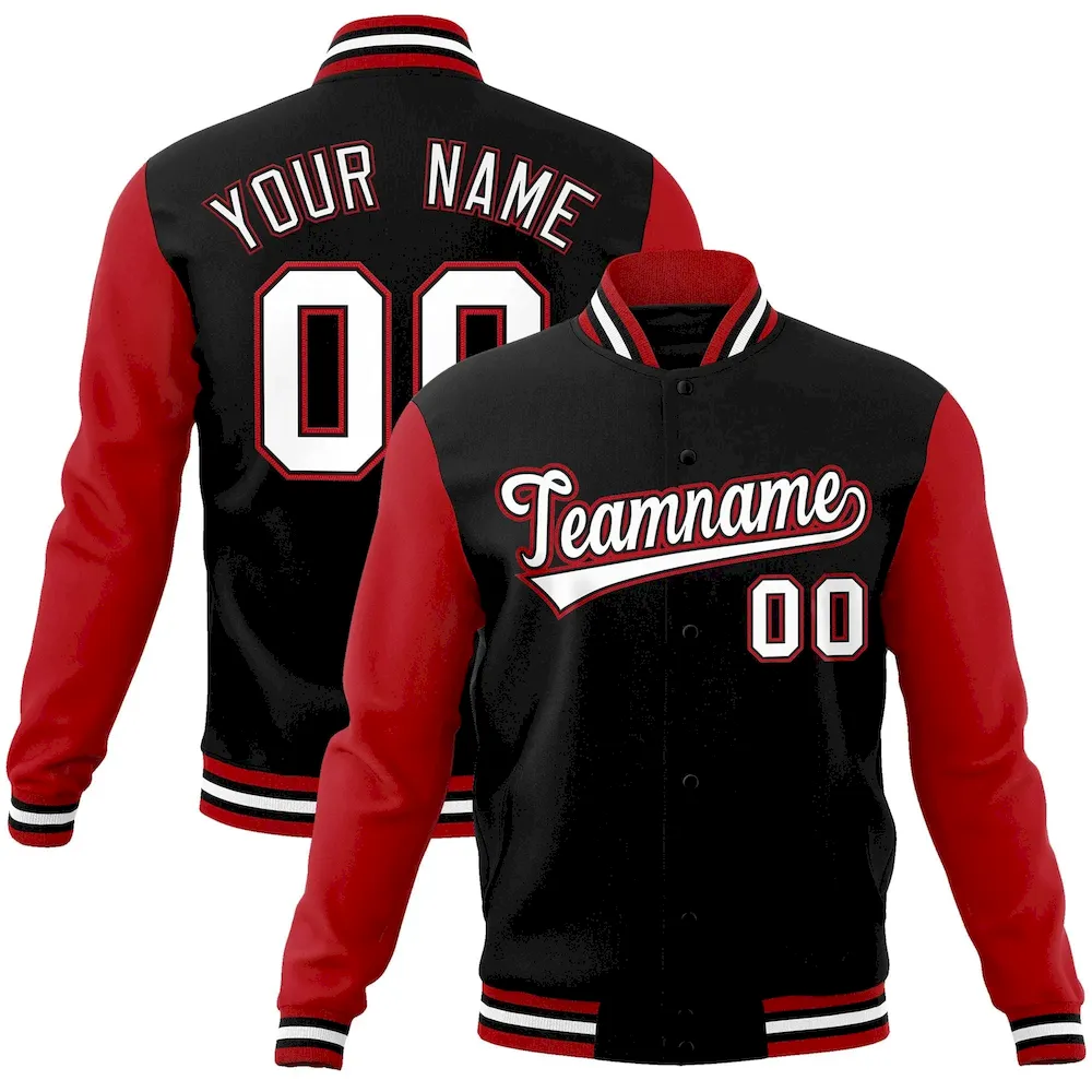 Custom Black Red Raglan Sleeves Varsity Full-Snap Letterman Jacket