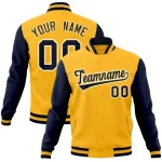Custom Gold Navy-Gold Raglan Sleeves Varsity Full-Snap Letterman Jacket