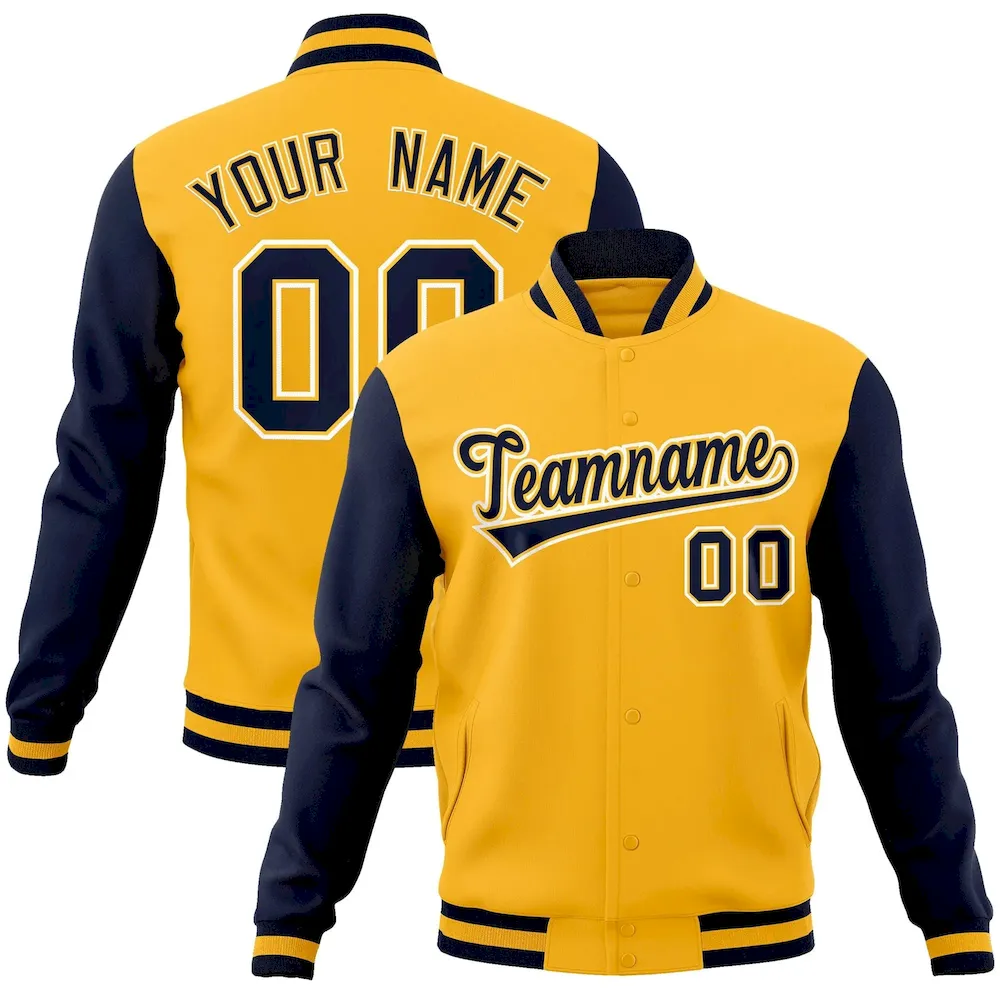 Custom Gold Navy-Gold Raglan Sleeves Varsity Full-Snap Letterman Jacket
