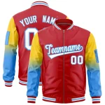 Custom Red Gold-Powder Blue Gaglan Sleeve Gradient Varsity Full-Zip Letterman Bomber Jacket