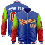 Custom Royal Neon Green-Red Gaglan Sleeve Gradient Varsity Full-Zip Letterman Bomber Jacket