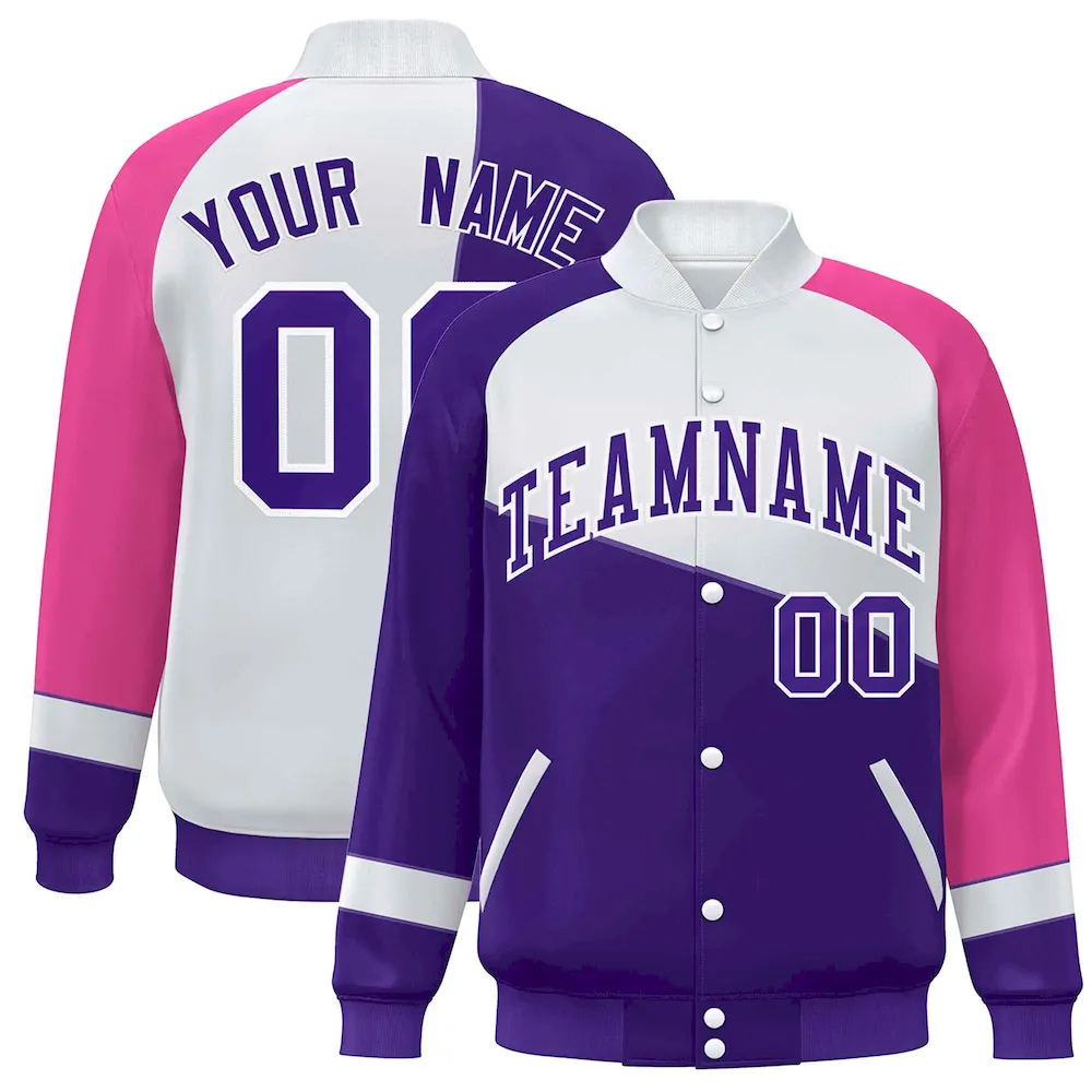 Custom Purple White-Pink Color Block Bomber Varsity Full-Snap Baseball Jacket