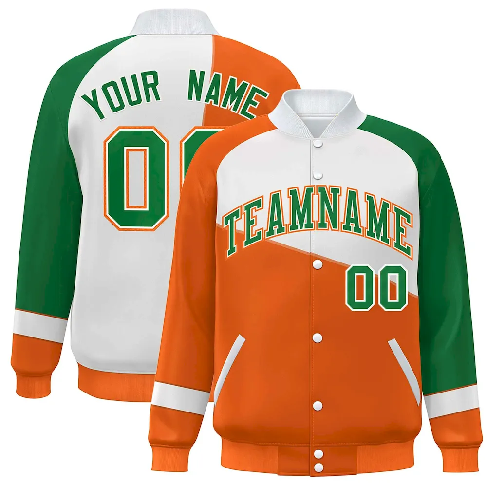 Custom Green White-Kelly Green Color Block Bomber Varsity Full-Snap Baseball Jacket