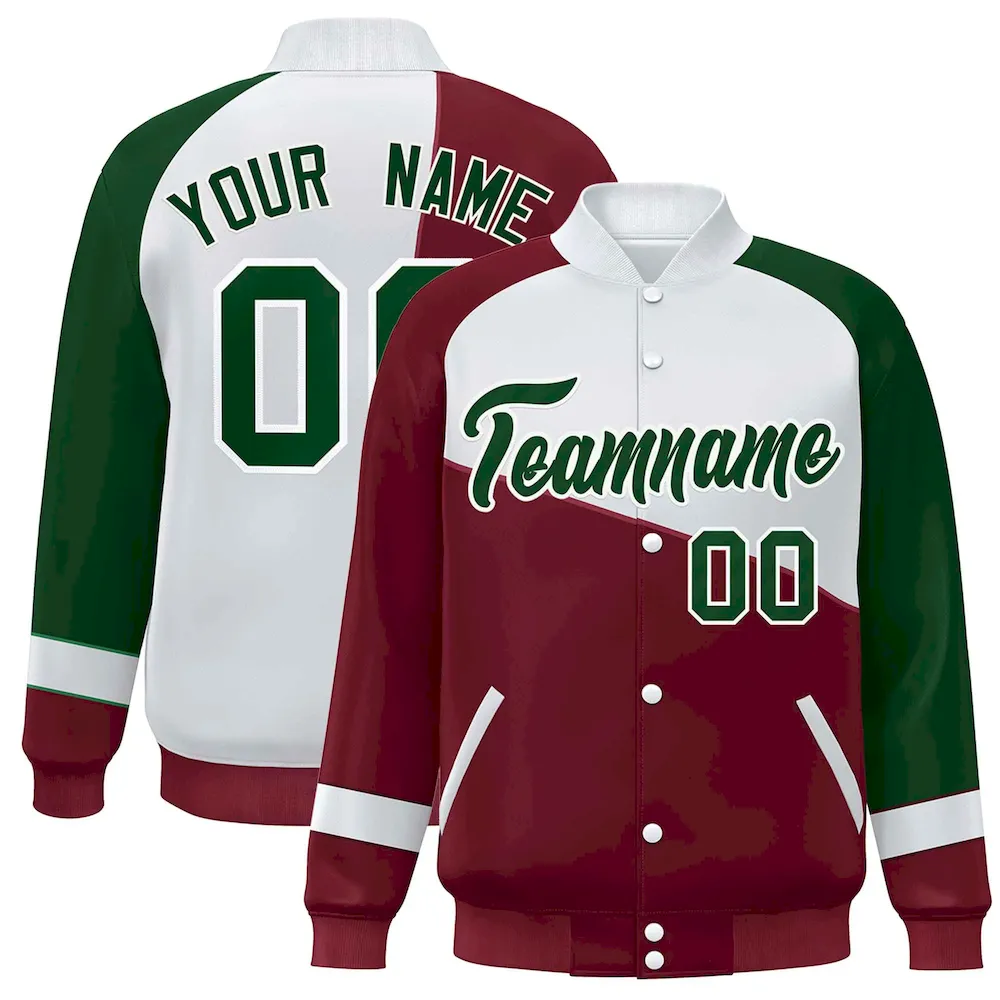 Custom Crimson White-Green Color Block Bomber Varsity Full-Snap Baseball Jacket