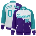 Custom Navy White-Royal Color Block Bomber Varsity Full-Snap Baseball Jacket