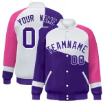 Custom Purple White-Pink Color Block Bomber Varsity Full-Snap Baseball Jacket