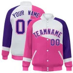Custom Pink White-Purple Color Block Bomber Varsity Full-Snap Baseball Jacket