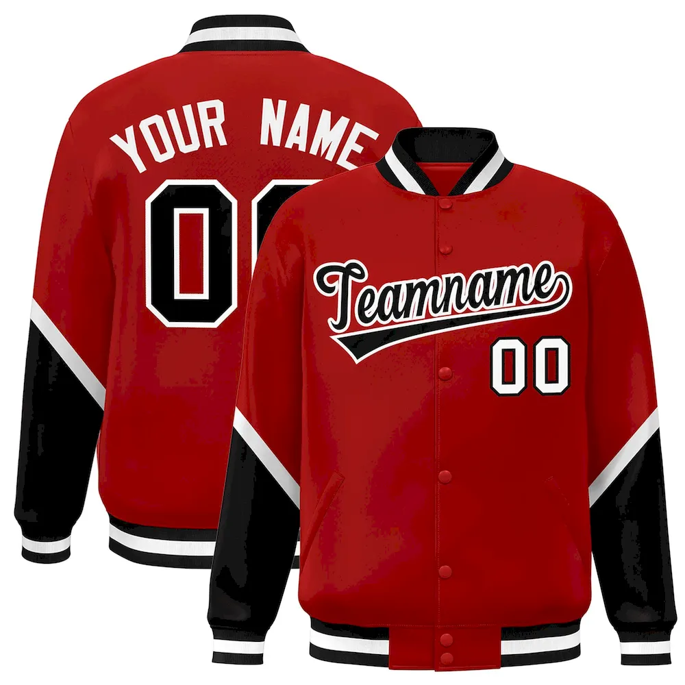 Custom Red Black Varsity Full-Snap Color Block Letterman Baseball Jacket