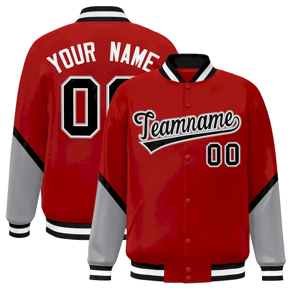 Custom Red Gray Varsity Full-Snap Color Block Letterman Baseball Jacket
