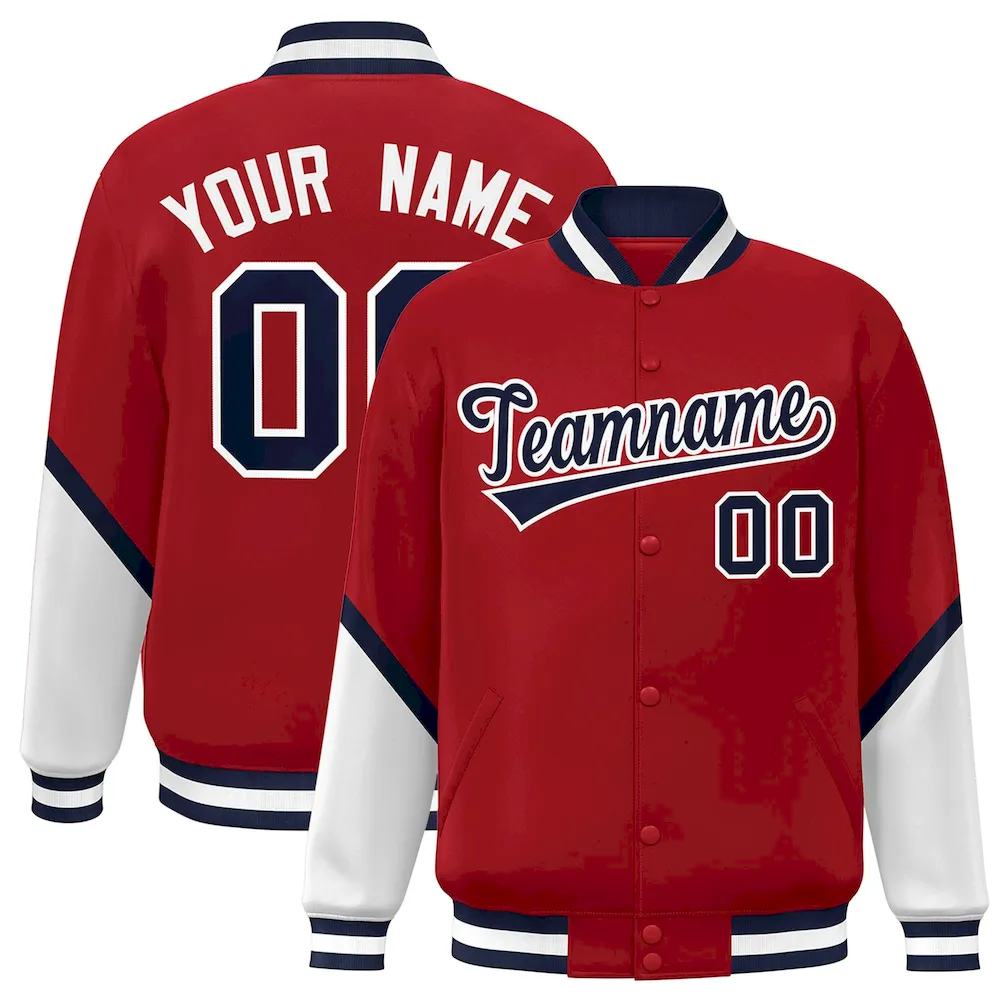 Custom Red White Varsity Full-Snap Color Block Letterman Baseball Jacket