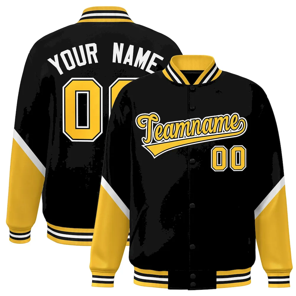 Custom Black Gold Varsity Full-Snap Color Block Letterman Baseball Jacket