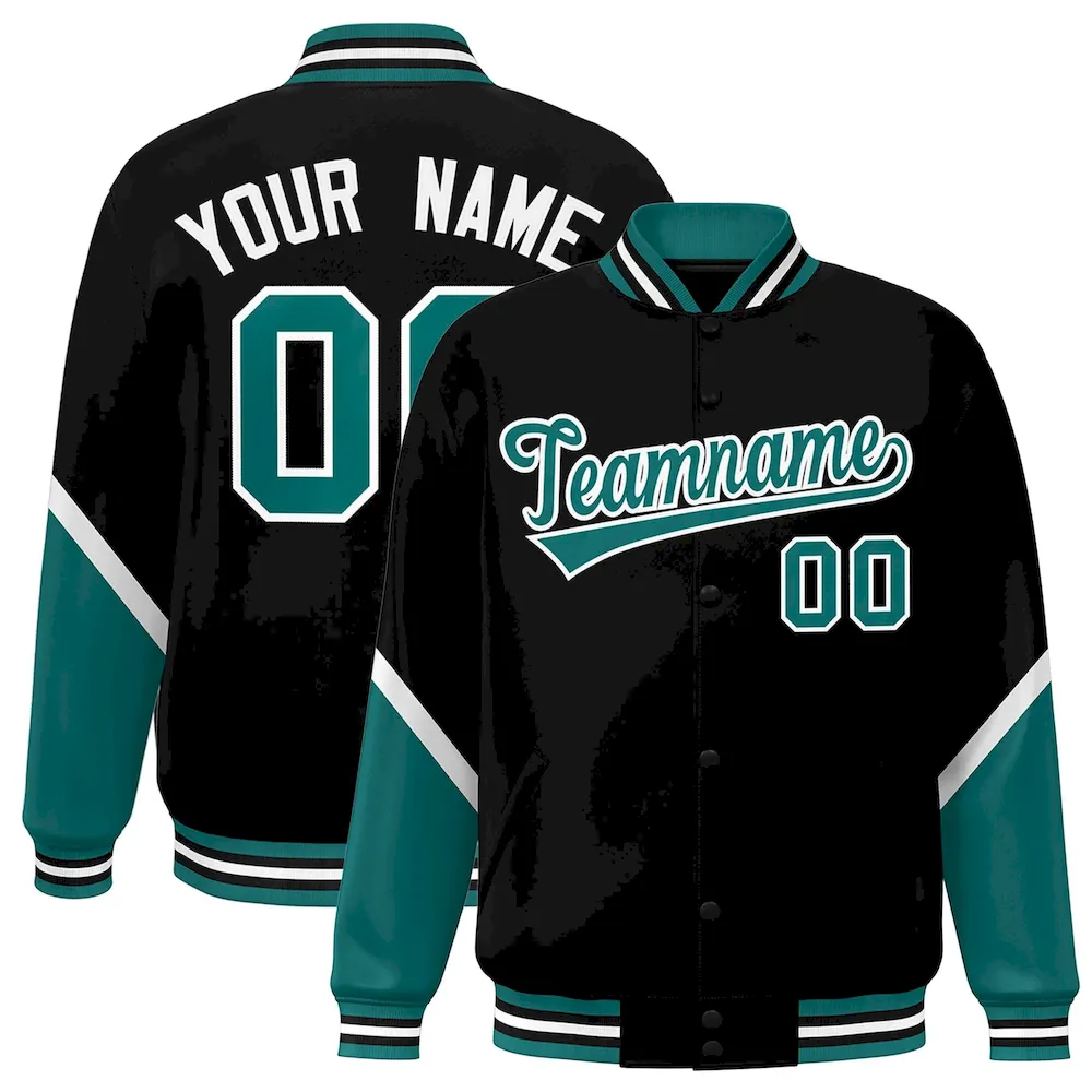 Custom Black Aqua Varsity Full-Snap Color Block Letterman Baseball Jacket