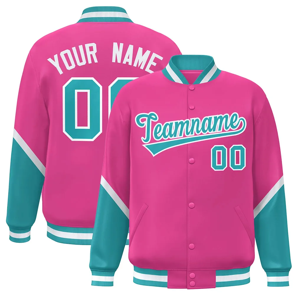 Custom Pink Aqua Varsity Full-Snap Color Block Letterman Baseball Jacket