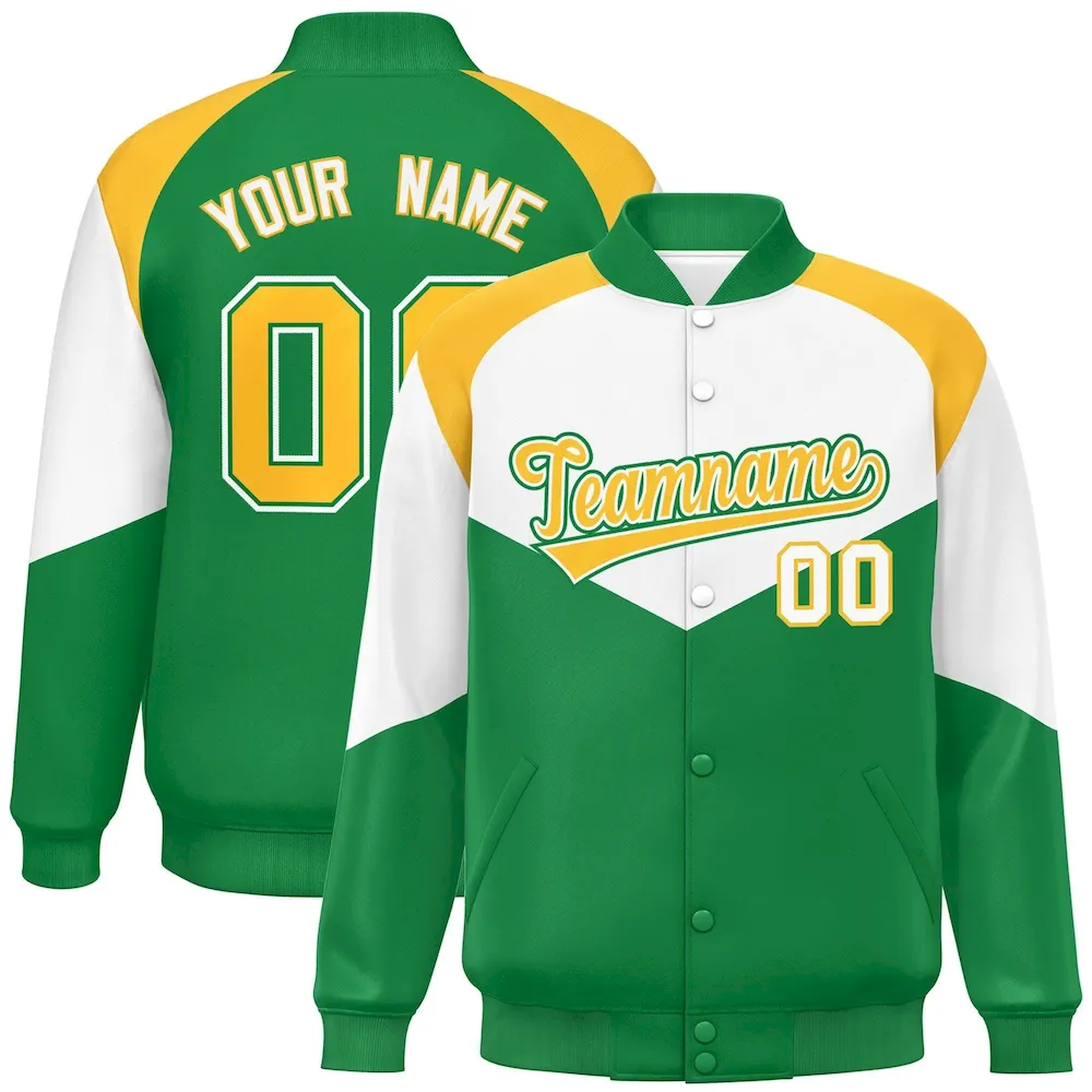 Custom White Kelly Green Varsity Full-Snap Color Block Letterman Jacket