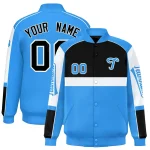 Custom Powder Blue Pink Varsity Full-Snap Raglan Sleeves Letterman Jacket
