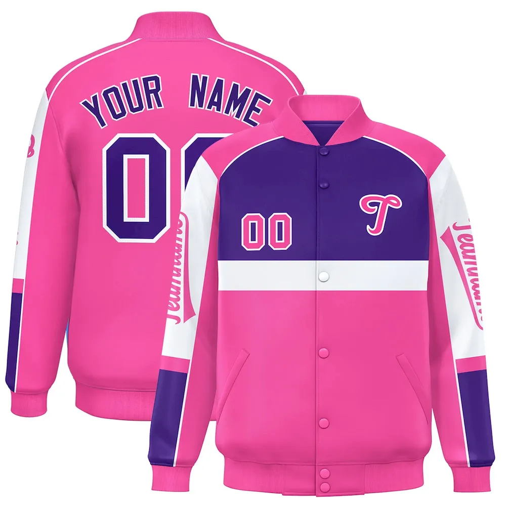 Custom Black Pink Varsity Full-Snap Raglan Sleeves Letterman Jacket