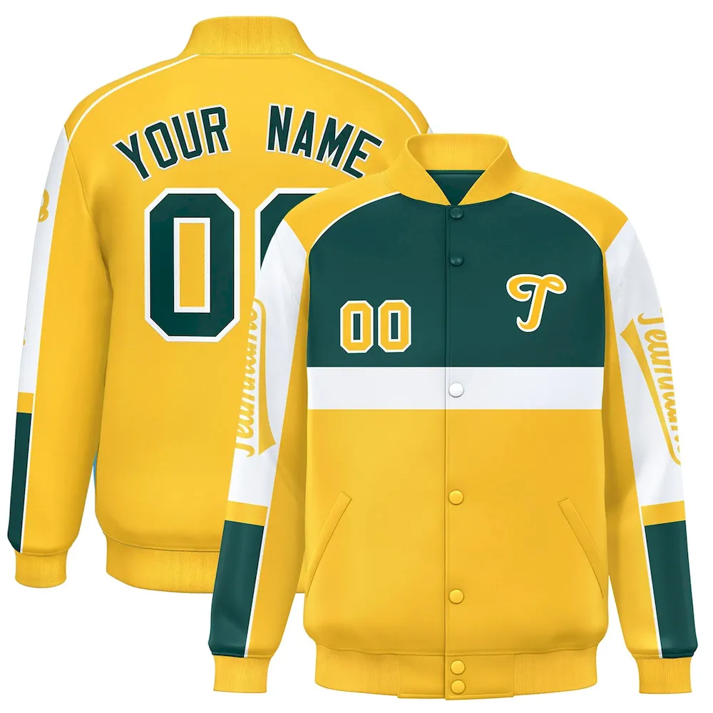 Custom Yellow Midnight Green Varsity Full-Snap Raglan Sleeves Letterman Jacket