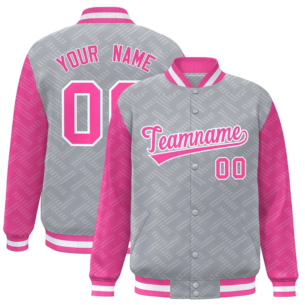 Custom Gray Red L Pattern Varsity Raglan Sleeves Full-Snap Letterman Baseball Jacket