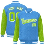Custom Powder Blue Crimson L Pattern Varsity Raglan Sleeves Full-Snap Letterman Baseball Jacket