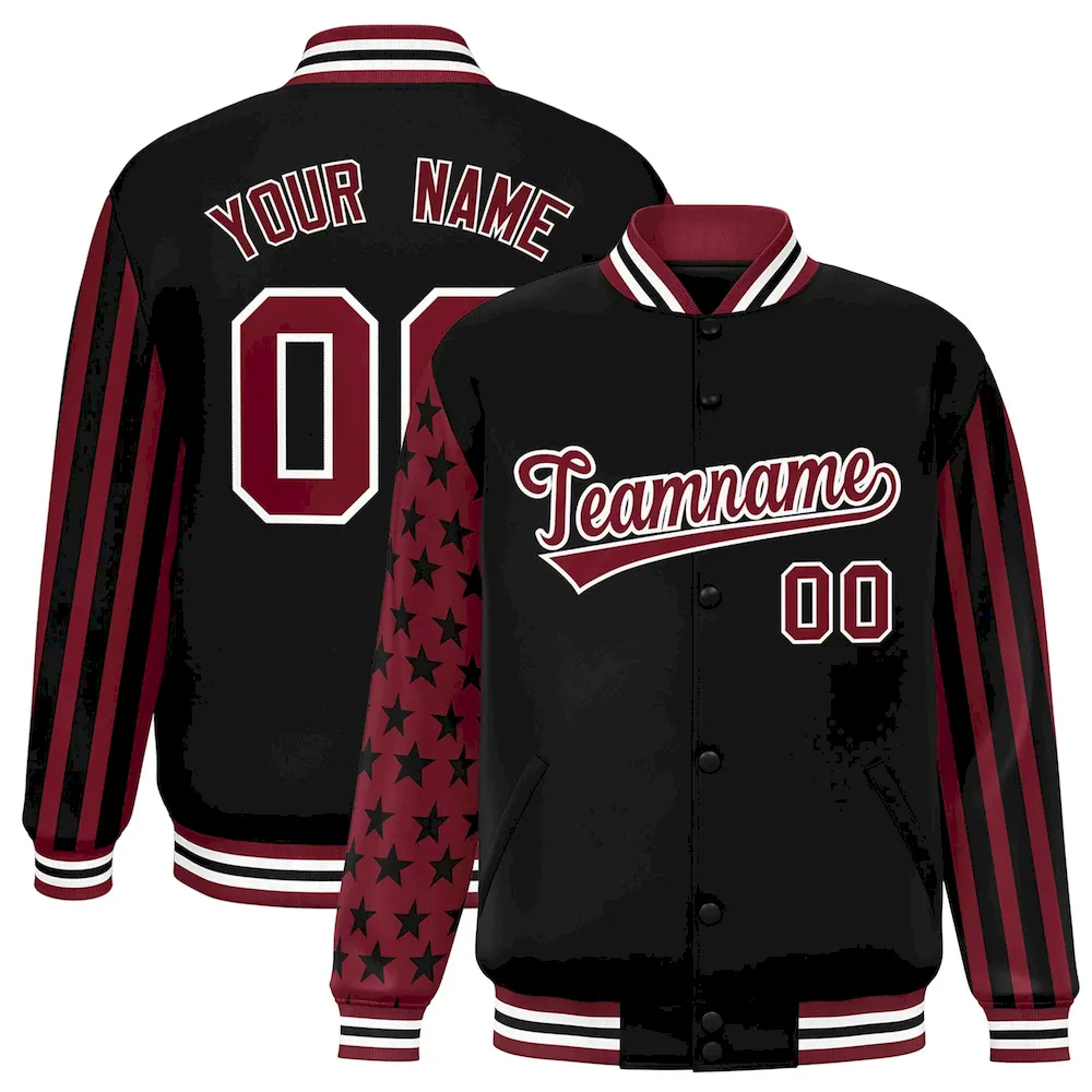 Custom Black Crimson American Flag Varsity Full-Snap Authentic Raglan Sleeves Letterman Bomber Jacket
