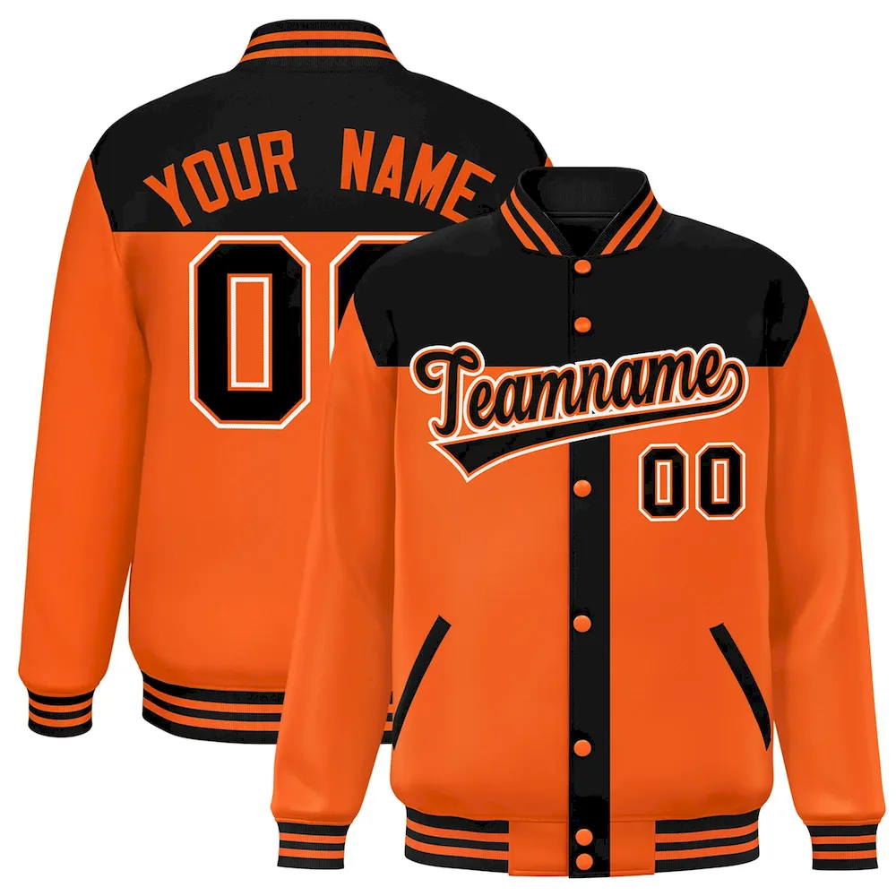Custom Black Orange Color Block Bomber Varsity Baseball Jacket