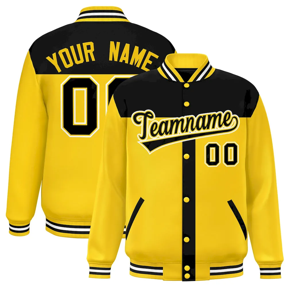 Custom Black Gold Color Block Bomber Varsity Baseball Jacket