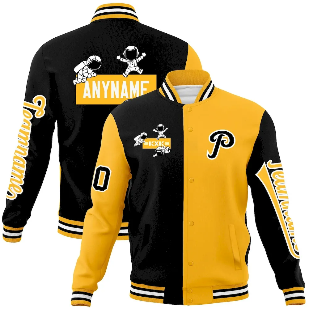 Custom Black Gold Two Tone Split Fashion Varsity Letterman Jacket with Raglan Sleeves
