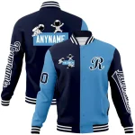 Custom Navy Light Blue Two Tone Split Fashion Varsity Letterman Jacket with Raglan Sleeves