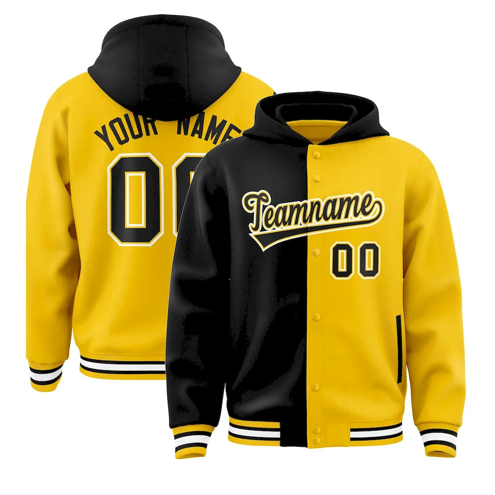 Custom Black Gold Split Fashion Varsity Full-Snap Letterman Two Tone Jacket Hoodie