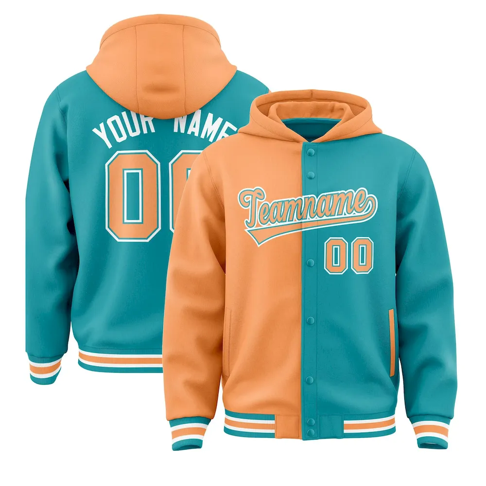 Custom Orange Aqua Split Fashion Varsity Full-Snap Letterman Two Tone Jacket Hoodie